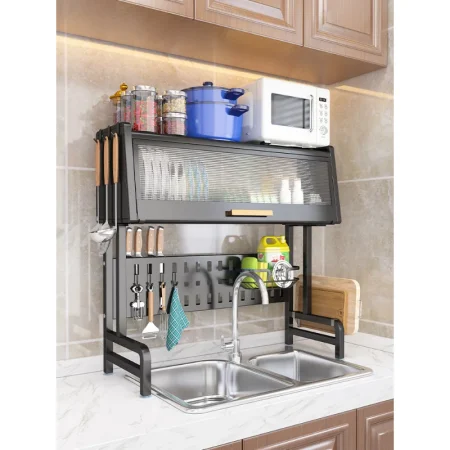 Kitchen Sink Shelving Bowl Rack Drain Rack with Door Countertop Dish Storage Rack Cupboard Storage Sideboard Home Storage Craft