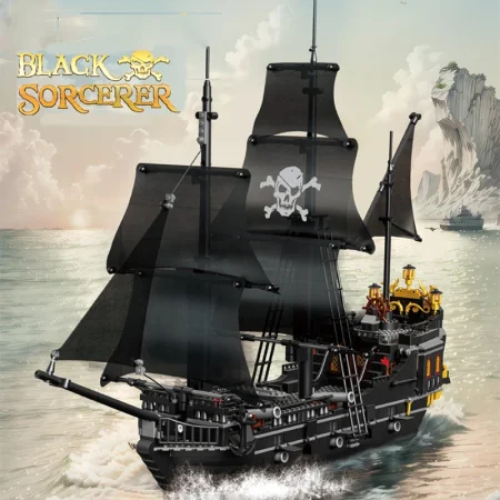1424PCS Black Sorcerer Pirate Pirate Ship Building Blocks with 5 Figures MOC Assemble Bricks Boat Toys Gift For Children Kids