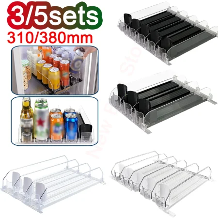 Drink Organizer Dispenser Adjustable Width Can Shelf Pusher E-shaped Glide Spring Push Beverage Pusher Shelf for Kitchen Fridge