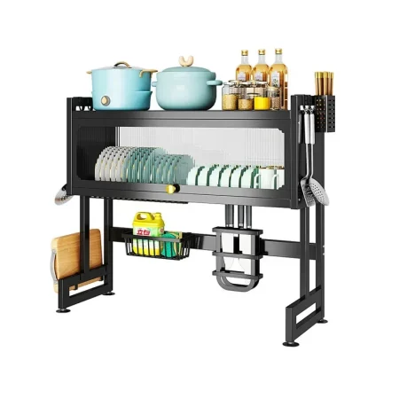 New Multifunctional Expandable Over Sink Dish Drainer Drying Rack with Door Countertop Telescoping Dish Storage Rack for Kitchen