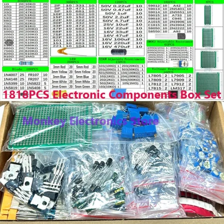 1818PCS Electronics Components Kit TO-92 TO-220 Monolith Capacitors Resistors 3MM 5MM LED Diodes PCB RM063 Potentiometer