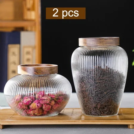 Wood Lid Glass Airtight Canister Kitchen Storage Bottles Jar Food Container Grains Pu'er Tea Can Coffee Beans Candy Jars